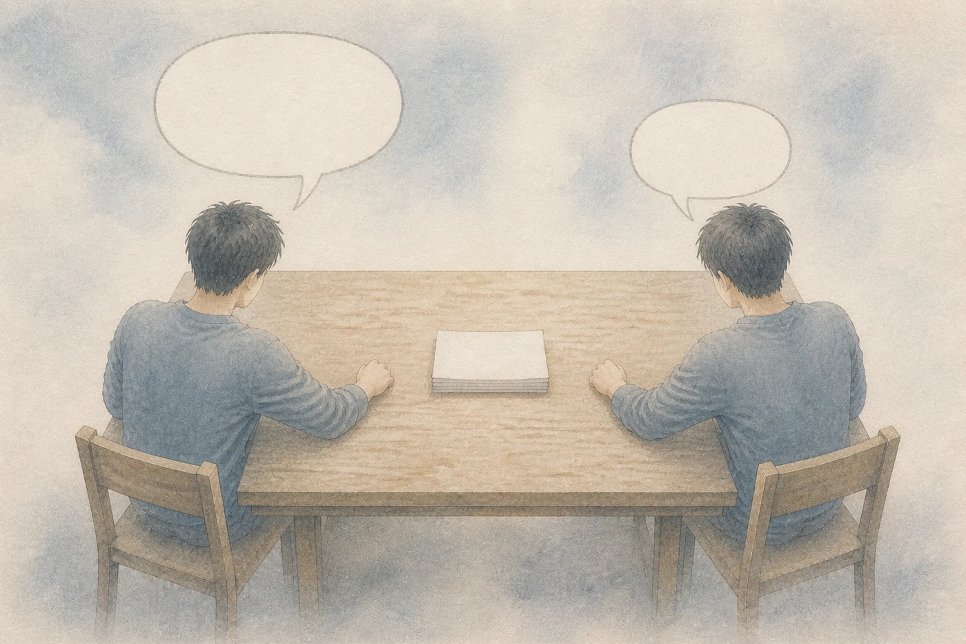 同一張書桌，兩個人都沒有碰中間那疊稿子，各自的頭上浮著一個對話框，右邊先問「你還要用嗎」，左邊回答自己正在收尾、會回報進度